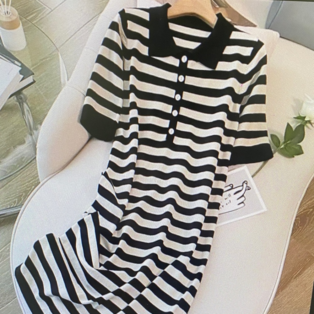 Black and White Striped Polo Midi Dress
